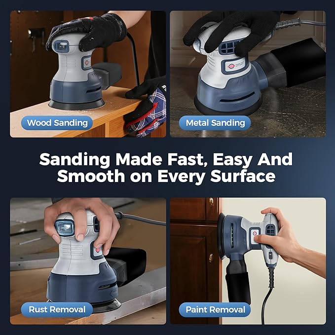 Orbital Random Sander Tool, 6 Variable Speeds With Dust Bag, 360W, Palm Hand Sander For Woodworking, 13000 Rpm Small Handheld Electric Sander With Vacuum Dust Collector For Wood