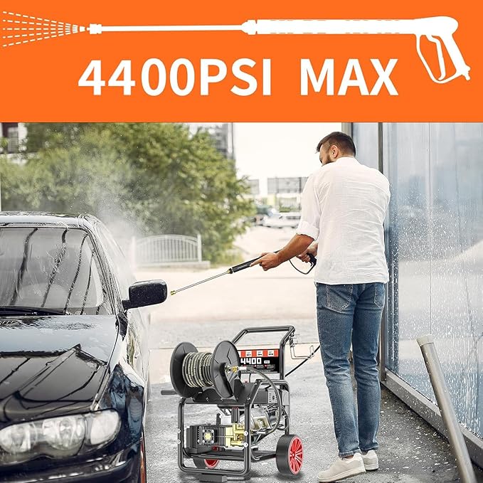 4400 PSI Gas Powered Commercial High Pressure Washer with 296cc 7HP Engine 4.0GPM Electric Start, Includes Hose Reel 50 FT 3/8 inch Hose 5 Quick Connect Nozzles Spray Gun and Wand