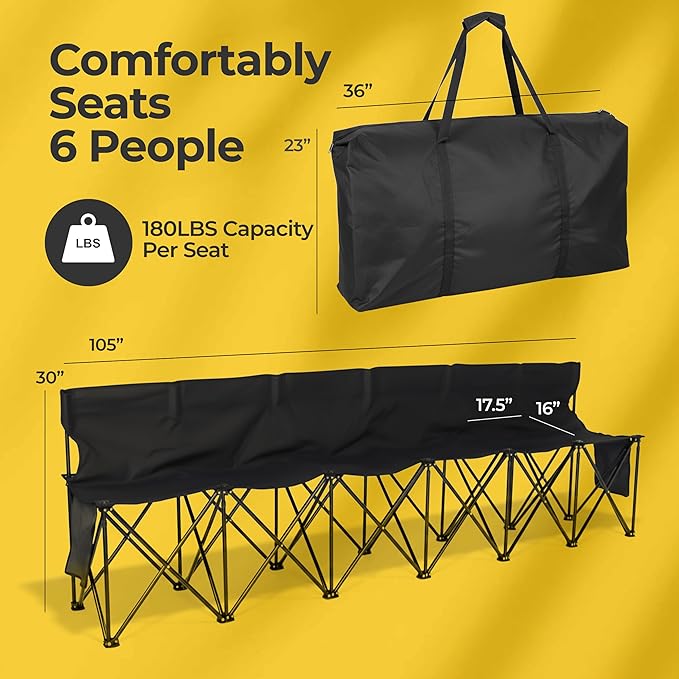 Folding Bench Seat with 2 Pockets for Easy Storage – Portable Lightweight Weather Resistant Sideline Seating Team Bench with a Carrying Bag for Soccer | Baseball | Camping