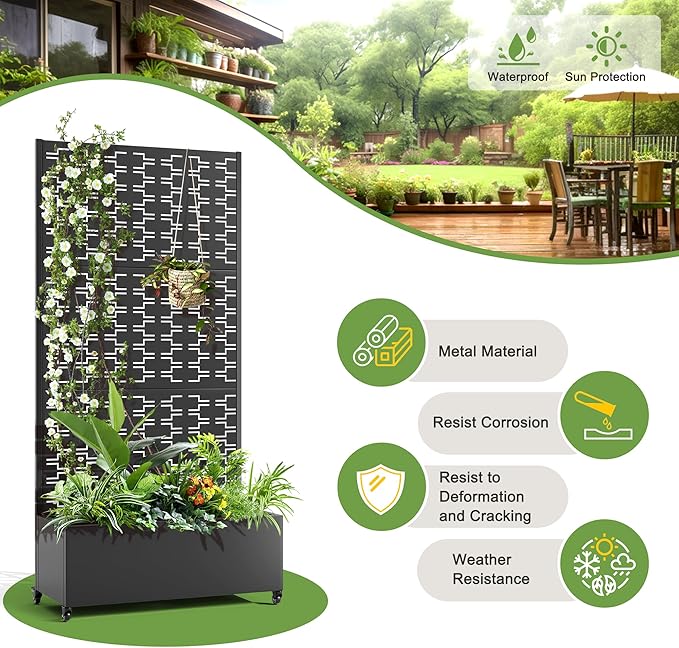 FENCY Metal Raised Garden Bed with Wheels and Trellis,73"x35"x16" Planter Box for Climbing Plants, Vegetables & Vines, Features Privacy Screen and Drainage Holes (Black-Brick)