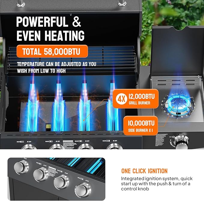ROVSUN 4 Burner Propane Gas Grill with Side Burner, 58,000BTU BBQ Grills with Enameled Cast Iron Grates, Shelf & Cabinet for Outdoor Garden Patio Backyard Barbecue Cooking