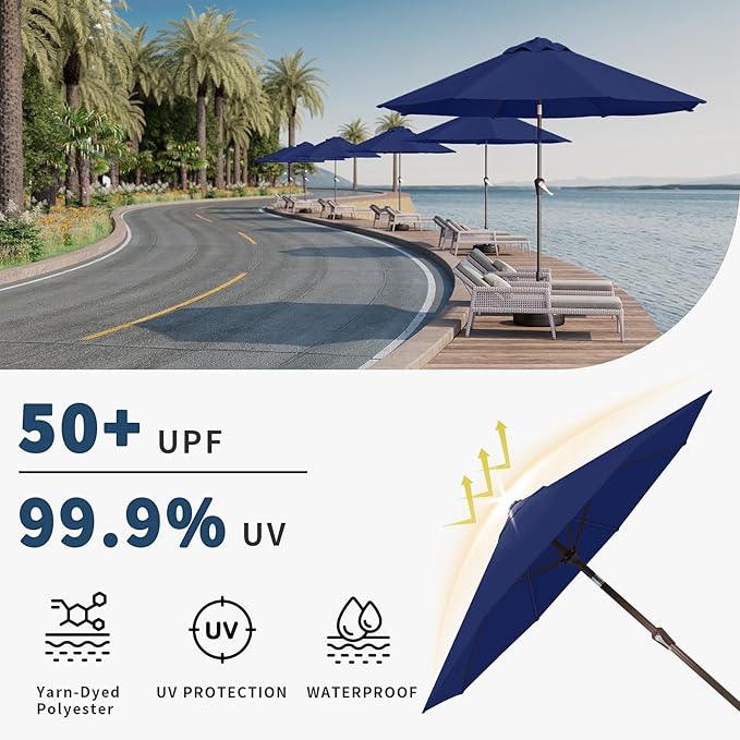 10FT Patio Umbrella Outdoor Market Umbrella with Crank and Tilt, 8 Flexible Fiberglass Ribs, UV-Resistant Waterproof Canopy for Patio, Deck, Garden, Backyard, Navy Blue