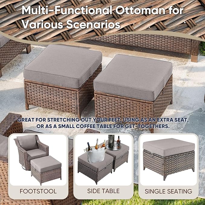 Outdoor Wicker Chair Patio Chairs-Rattan Wicker Chairs with Ottomans Patio Conversation Sets for Porch Garden Balcony Backyard Poolside-Brown/Grey