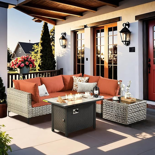 Outdoor Sectional Patio Furniture Set with Fire Pit Table and Glowing Table,6 Pieces Wicker Conversation Sets L Shaped Couch Out Door Sofa Set Outside Furniture for Garden Deck Yard,Red
