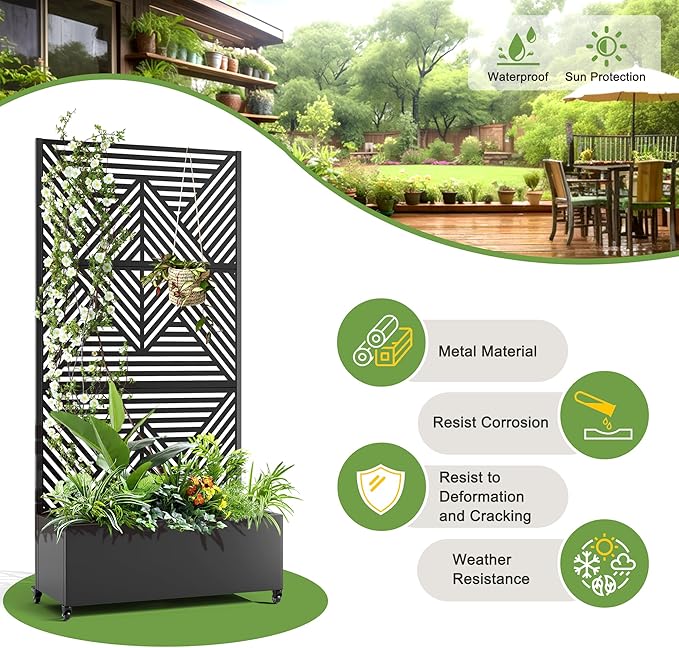 FENCY Metal Raised Garden Bed with Wheels and Trellis,73"x35"x16" Planter Box for Climbing Plants, Vegetables & Vines, Features Privacy Screen and Drainage Holes (Black-Modern)