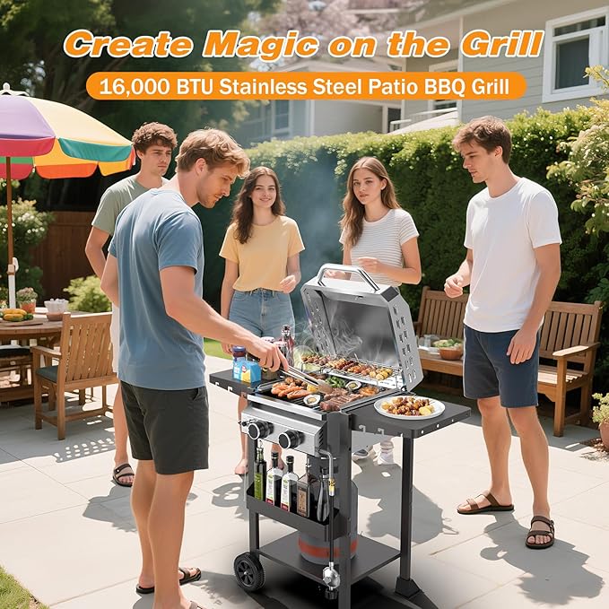 2 Burner BBQ Propane Gas Grill, Stainless Steel 16,000 BTU Patio Garden Barbecue Grill with Two Foldable Shelves, Gas Grill with Grates and Griddle Pan for Outdoor Cooking and BBQ
