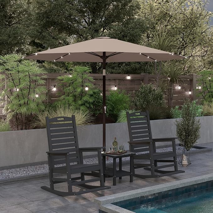 Outdoor Rocking Chairs Set of 2 with Footrest & Side Table, HDPE Modern Rocking Lawn Chair for Garden, Poolside, Deck (Black)