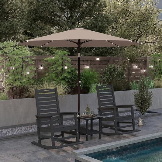 Black Outdoor Rocking Chairs Set of 2 with Footrest, Side Table & Beige 9FT Umbrella, HDPE Rocking Lawn Chair for Garden, Poolside, Deck, Weatherproof Porch Rocker