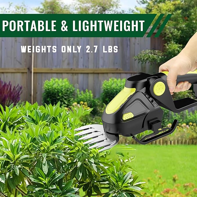 Hedge Trimmer Cordless, 2-in-1 Handheld Electric Glass Shear Cutter with 2.0Ah Rechargeable Battery, Mini Grass Shrub Trimmer for Garden, Pruning Yard and Lawn (Green)