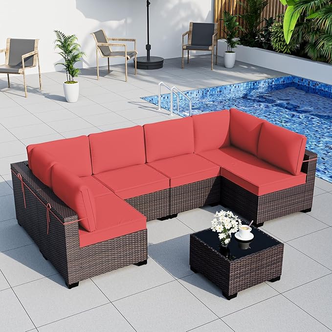 ALAULM Patio Furniture Set with Coffee Table, 7 Pieces Outdoor Sectional with Wide Seat and Thick Cushion, All Weather Wicker Rattan Conversation Set for Backyard, Garden, Deck, Red