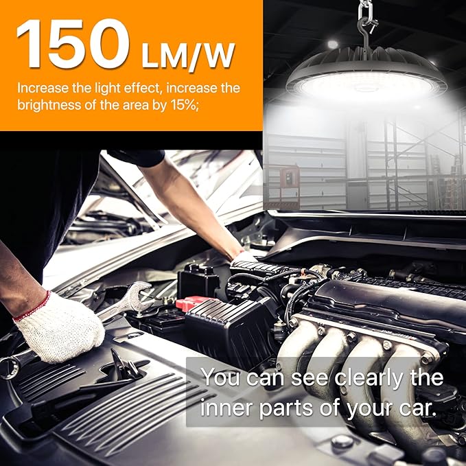 4 Pack Led High Bay Light 250W, 37500 lm High Bay Led Shop Lights 5000K with US Plug, Commercial Light Fixture for Workshop, Garage, Warehouse