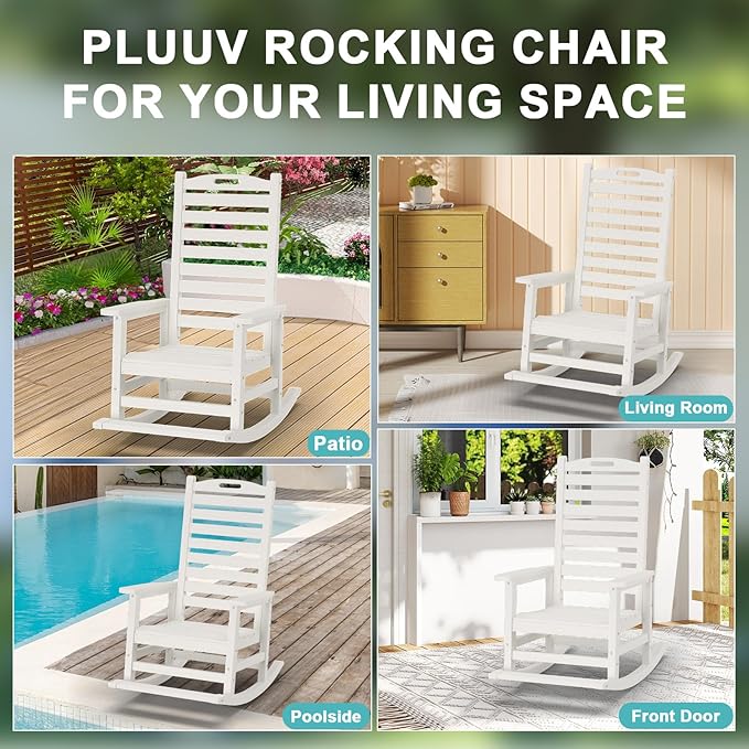 Outdoor Rocking Chair with Removable Footboard for Adults, HDPE High Back Patio Rocking Chairs, 330lbs All Weather Porch Rocking Chairs for Outdoor & Indoor -White