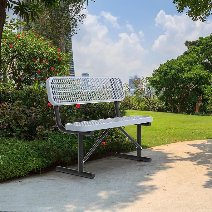 4 Feet Heavy Duty Metal Park Bench for Outside, Outdoor Bench with Backrest & Portable Frame, Commercial Benches for Shopping Malls, Stores, Parks, Patios, Decks, Grey