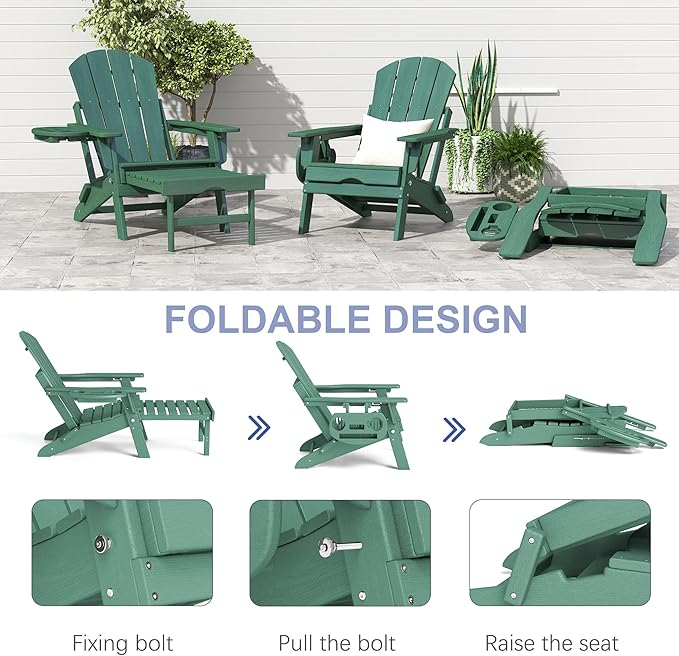 FOOWIN Adirondack Chair with Retractable Ottoman,HDPE Folding Adjustable Adirondack Chair w/4 in 1 Cup Holder Trays,All-Weather Resistant Fire Pit Chair for Outdoor Patio Lawn Set of 6