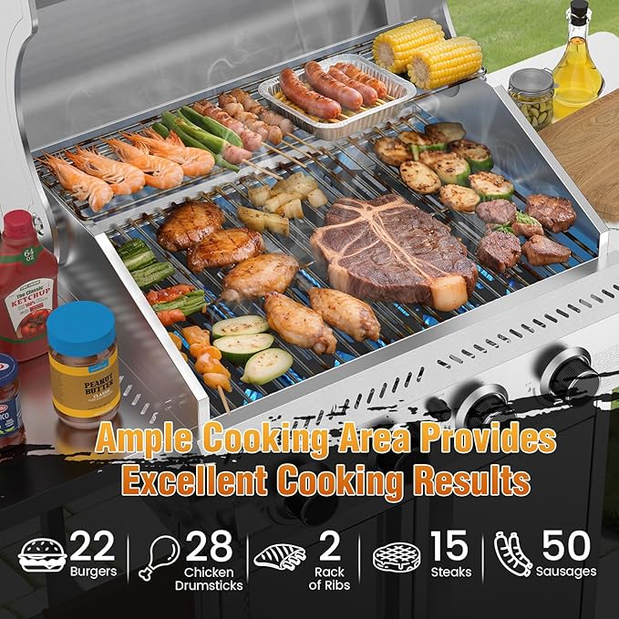 Kismile 4-Burner Gas Grill,Propane Grill with Folding Side Shelf,Heavy-Duty Thickened Stainless Steel Grill,32,000 BTU BBQ Grill for Outdoor Cooking,Barbecue,Garden and Patio Backyard