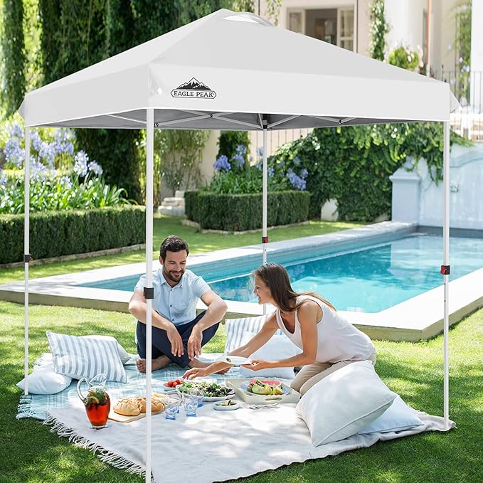 EAGLE PEAK Pop Up Canopy Tent with Wheeled Carry Bag, 8 Stakes, 4 Ropes, Easy Set Up Tent Canopy, 6.6x6.6 ft, White