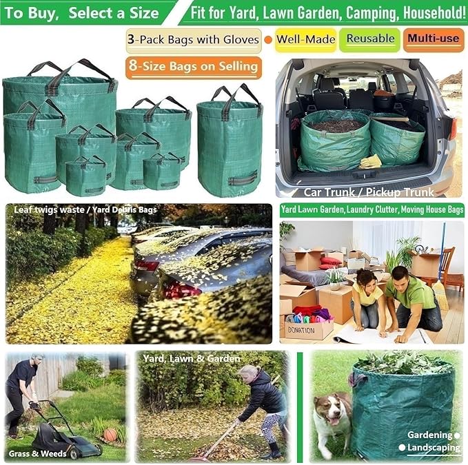 Standard 3-Pack 46 Gallon Yard Garden Bags (D26, H19 inch) W/Garden Gloves for Leaf Bags,Yard Waste Bags,Camping Waste Bin,Recycling Bag,Laundry Bag,Lawn Debris,Grass Clippings,Weeds Barrel 4 Handles