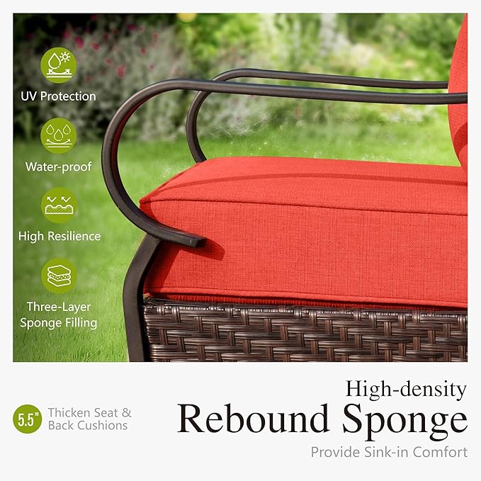 Sophia & William Extra Large Outdoor Patio Swivel Sofa Chairs Set 2 PCS Heavy-Duty Metal Porch Furniture with High Back & Deep Seating Area, 5.5" Thicken Cushions for Deck, Lawn, Outside (Red)