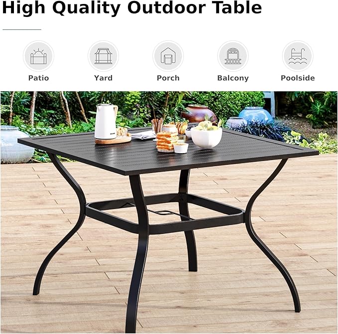 MFSTUDIO 5 Pieces Metal Patio Dining Set, Outdoor Furniture Set with 1 x Square Metal Table and 4 x High-Back Arm Chairs with Cushion (Black)