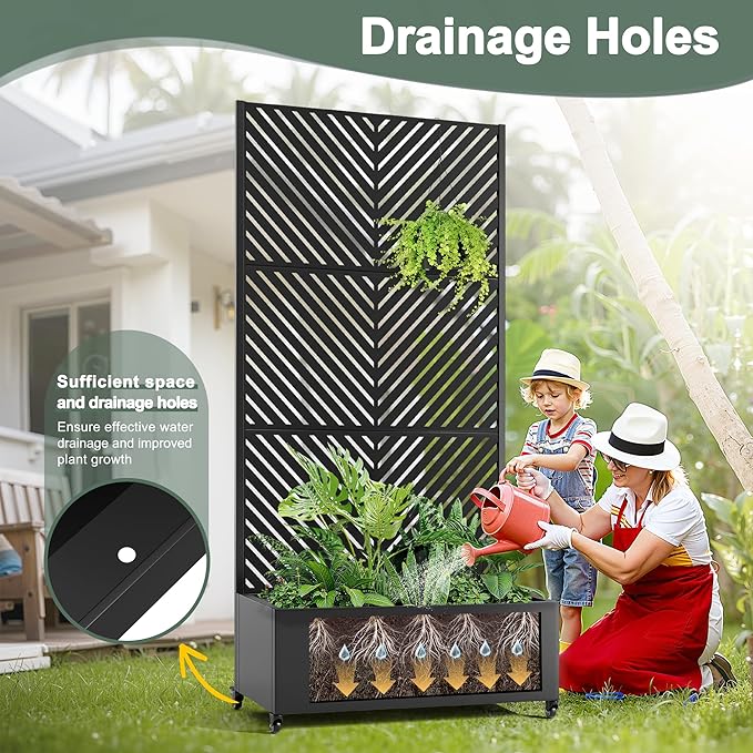 Metal Raised Garden Beds Outdoor with Trellis & Wheels, Planters Box with Privacy Screen, Drainage Holes for Vegetables, Flowers (35" L×16" W×71" H, Black Parallel)