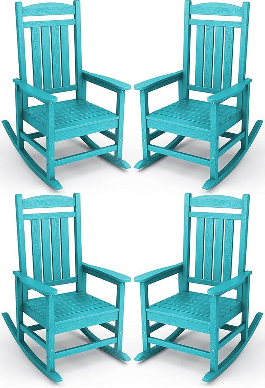 KINGYES HDPE Outdoor Rocking Chair Set of 4, All-Weather Poly Patio Rocking Chairs with 330lbs Support for Adults, Aruba Blue