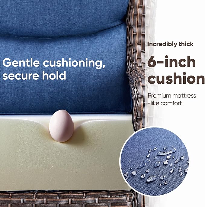 Swivel Patio Chairs sofa Set of 6 with 6" Thick Cushion - Wicker Outdoor Swivel Rocker Patio Chair ,Sofa/Glass coffee table, High Back Comfortable Outdoor Glider Chairs - Brown Wicker - Blue Cushions