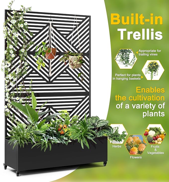 FENCY Metal Raised Garden Bed with Wheels and Trellis,73"x47"x16" Planter Box for Climbing Plants, Vegetables & Vines, Features Privacy Screen and Drainage Holes (Black-Modern)