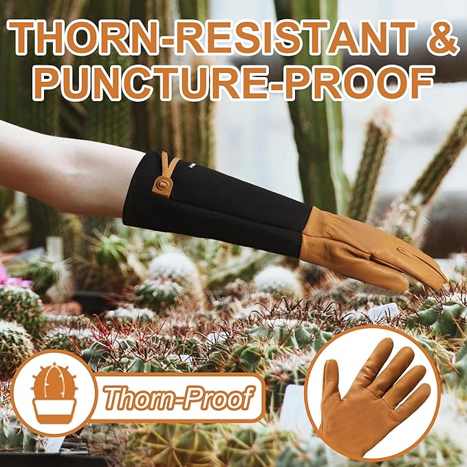 HLDD HANDLANDY Long Gardening Gloves, Leather Thorn Proof Rose Pruning Glove for Men & Women, Great Gift for Gardener