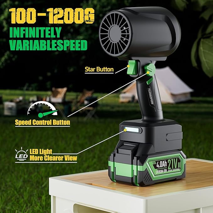 Turbo Dryer Blower for Car, Electric Cordless Leaf Blower with Led, Infinitely Variable Speed, 1300G Max Thrust, 21V 4.0Ah Battery Pack, Perfect for Car Drying, Yard Cleanup