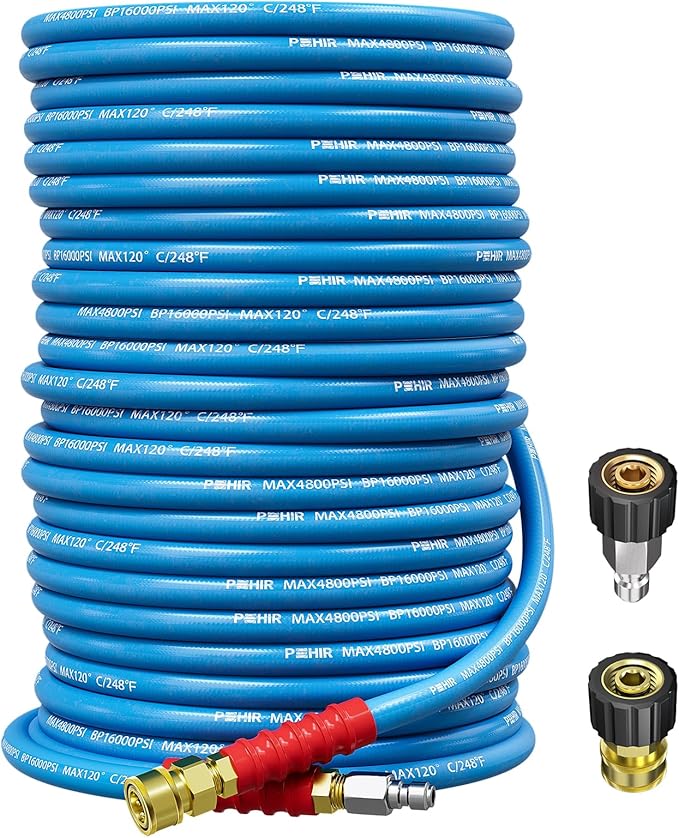 POHIR 100ft Pressure Washer Hose 3/8" 4800 PSI, Kink Resistant Industrial Grade Hose with Quick Connect Ends and Adapters for Hot & Cold Water up to 248°F, Steel Wire Braided Hose for Power Washing