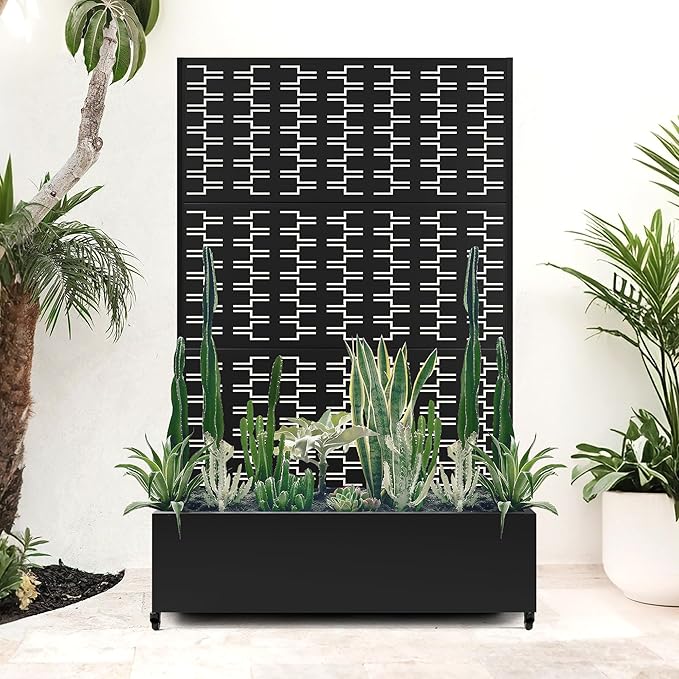 Metal Large Planter Box with Trellis, Raised Garden Beds with Privacy Screen & Wheels for Outdoor Plants, Planter Boxes with Drainage Holes (47" L×16" W×71" H, Black Rectangle)