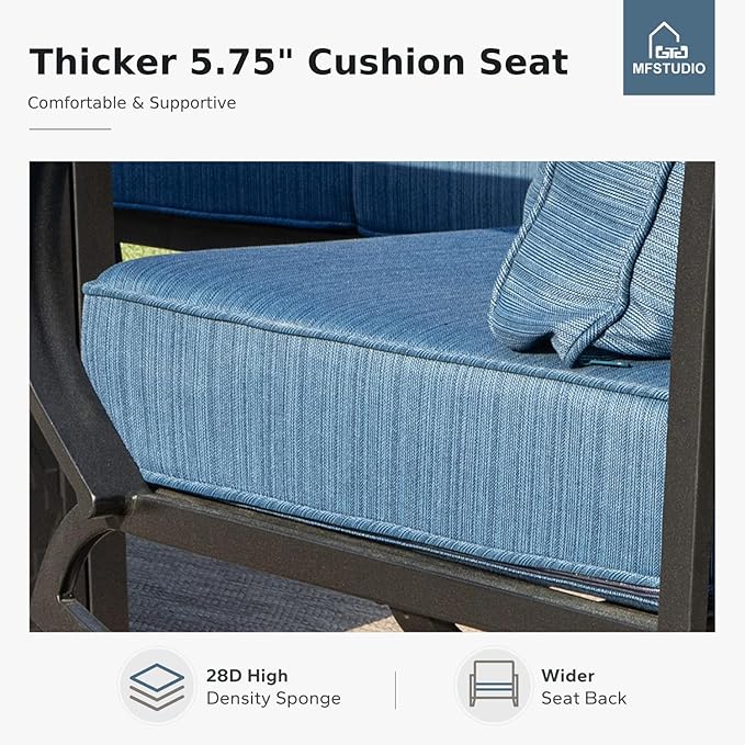 MFSTUDIO 4 Pieces Patio Conversation Sets(5 Seat),Outdoor Metal Furniture Sofas with 1 Loveseat(3 Seat), 2 Swivel Chairs,1 Coffee Table,Wrought Iron with Peacock Blue Cushion