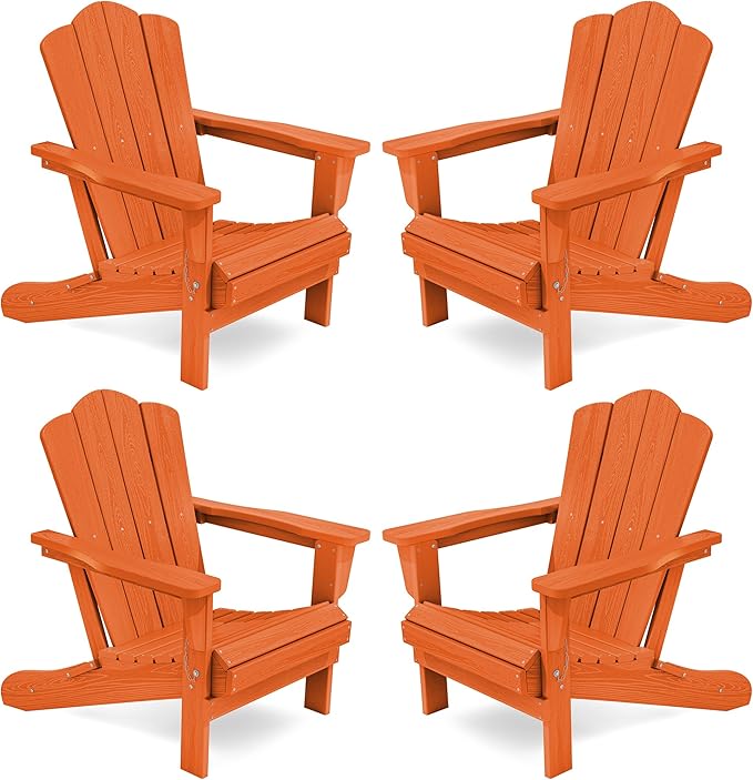KINGYES Folding Adirondack Chair Set of 4, HDPE All-Weather Folding Adirondack Chair, Orange