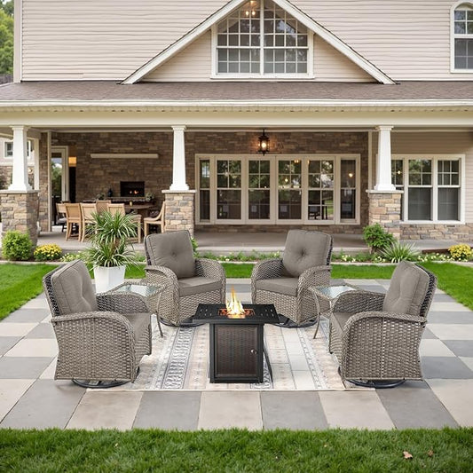 Belord 7-Piece Modern Gray Wicker Patio Conversation Set - 4 Swivel Glider Chairs & 50,000 BTU Propane Fire Table