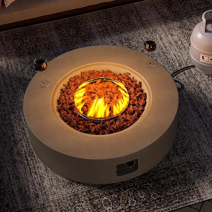 SUNBURY Outdoor 42" Propane Fire Pit Table, 50000 BTU Gray Patio Fire Table, Concrete Round Gas Fire Table w Lava Rocks