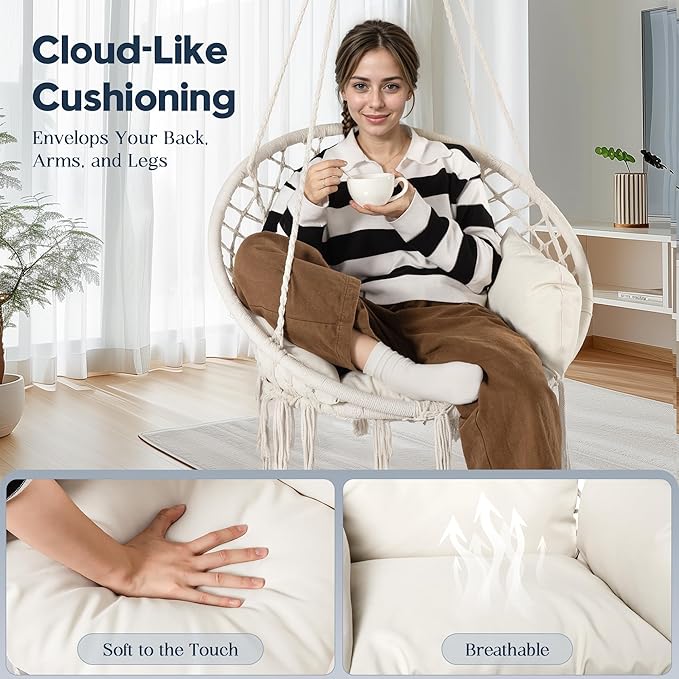 Hammock Hanging Rope Swing Chair with Cushion - Max 330 Lbs, Sturdy Hammock Swinging Chair for Bedroom, Porch, Balcony -White (White)