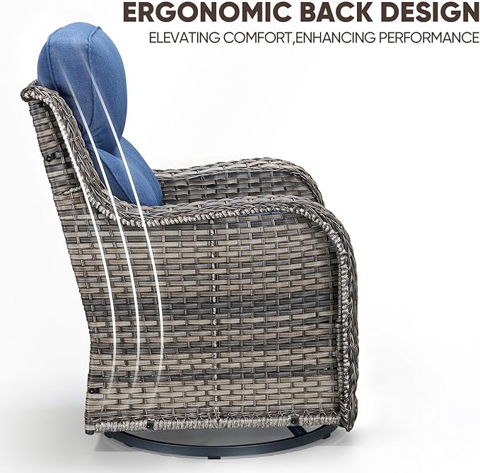 Swivel Patio Chairs sofa Set of 7 with 6" Thick Cushion - Wicker Outdoor Swivel Rocker Patio Chair ,Sofa/Glass coffee table, High Back Comfortable Outdoor Glider Chairs - Gery Wicker Blue Cushions