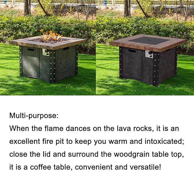 Afterglow Outdoor TerraFab Propane Fire Pit Table for Outside Patio Backyard Garden, Firepit Table with Weather Cover and Lava Rocks，50000 BTU，34.5”X34.5”X23.8”H, Black, CSA Certificated