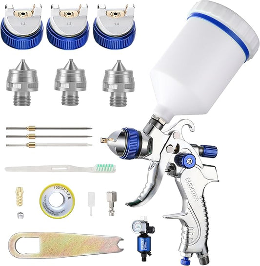 ENDOZER Professional HVLP Spray Gun Set Gravity Feed Air Spray Gun with 1.3,1.5,1.8mm Nozzles, 20 oz, 600cc with Gauge for Auto Paint, Primer, Clear/Top Coat & Touch-Up Blue