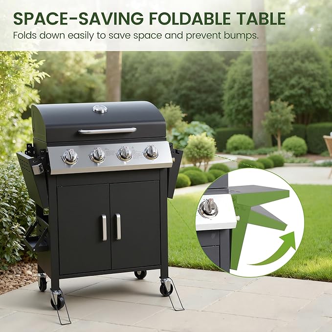 HUGROVE 4-Burner Propane Gas BBQ Grill, Upgraded 40,000 BTU Stainless Steel Barbecue Grill with Foldable Side Tables, Spice Rack & Wheels for Outdoor Cooking