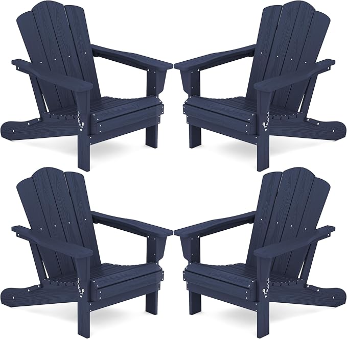KINGYES Folding Adirondack Chair Set of 4, HDPE All-Weather Adirondack Chair, Navy Blue