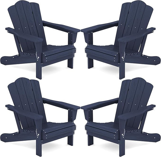 KINGYES Folding Adirondack Chair Set of 4, HDPE All-Weather Adirondack Chair, Navy Blue