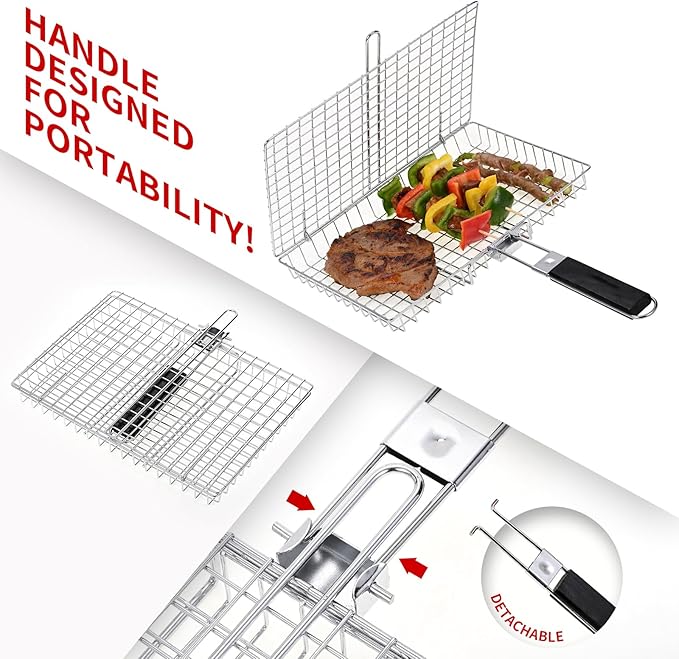 Portable Grill Baskets WINHONW Bbq net BBQ Grilling Basket veggie grill basket Folding with Removable Handle.Grill Vegetable basket BBQ Accessories Grilling Barbecue Basket Grill Baskets Grill net for Outdoor Grilling