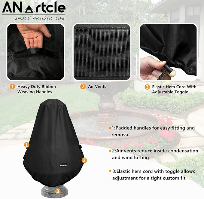 Outdoor Fountain Cover D 32"x H 38",600D Waterproof Heavy Duty Outdoor Fountain Covers,Garden Fountain Statue Protective Cover,Black