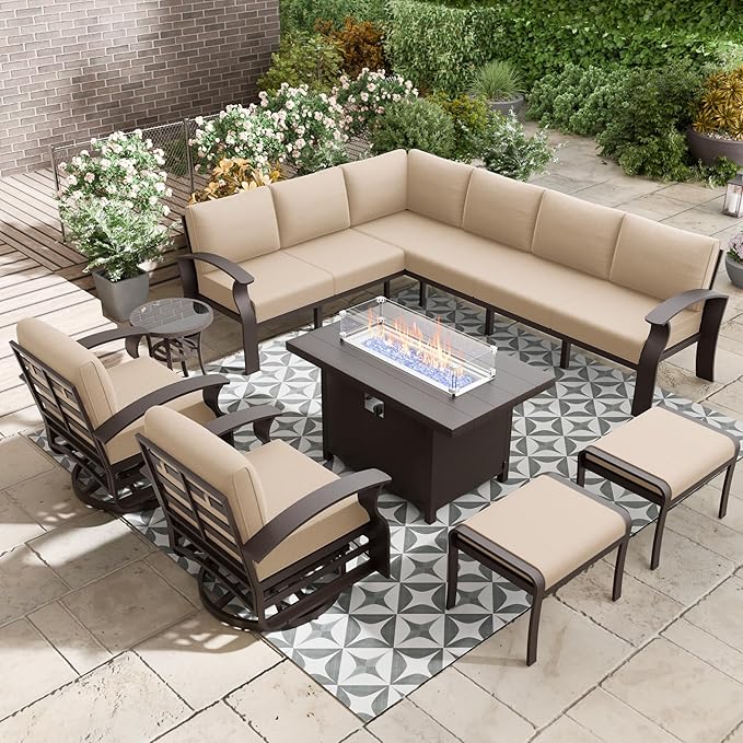 10-seat Aluminum Patio Furniture Set with Fire Pit Table, L-Shaped Sectional Sofa with 5.1" Cushions, High Backrest & 2 Footstools, Durable Outdoor patio Furniture Set, Backyard, Poolside - Sand
