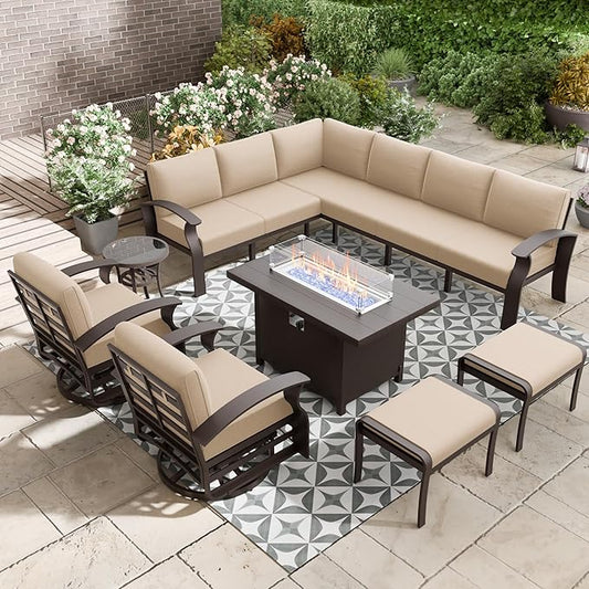 10-seat Aluminum Patio Furniture Set with Fire Pit Table, L-Shaped Sectional Sofa with 5.1" Cushions, High Backrest & 2 Footstools, Durable Outdoor patio Furniture Set, Backyard, Poolside - Sand