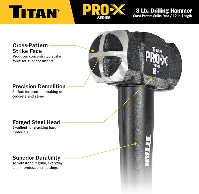 Titan Pro-X 63013 3lb Drilling Hammer, Dual-Face Sledge with Cross-Pattern Face for Concentrated Power & Flat Face for Stake Driving, Overstrike Protection, 12" Fiberglass Handle with Textured Grip