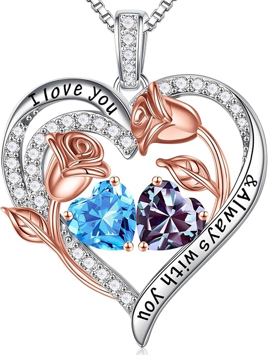 Iefil Christmas Gifts for Women Wife - 925 Sterling Silver Rose Heart Birthstone Necklace Birthday Anniversary Jewelry Gifts for Her Wife Mom Daughter