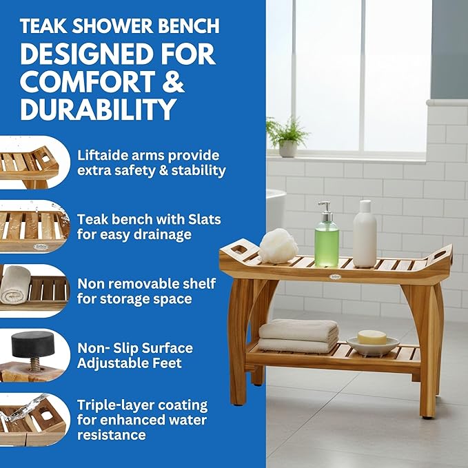 EcoDecors 30 Inch Tranquility Natural Color Waterproof Teak Wood Shower Bench Stool Seat Chair For Inside Shower Storage Shelf Provides Safety, Storage, and Organization For Bathroom Accessories