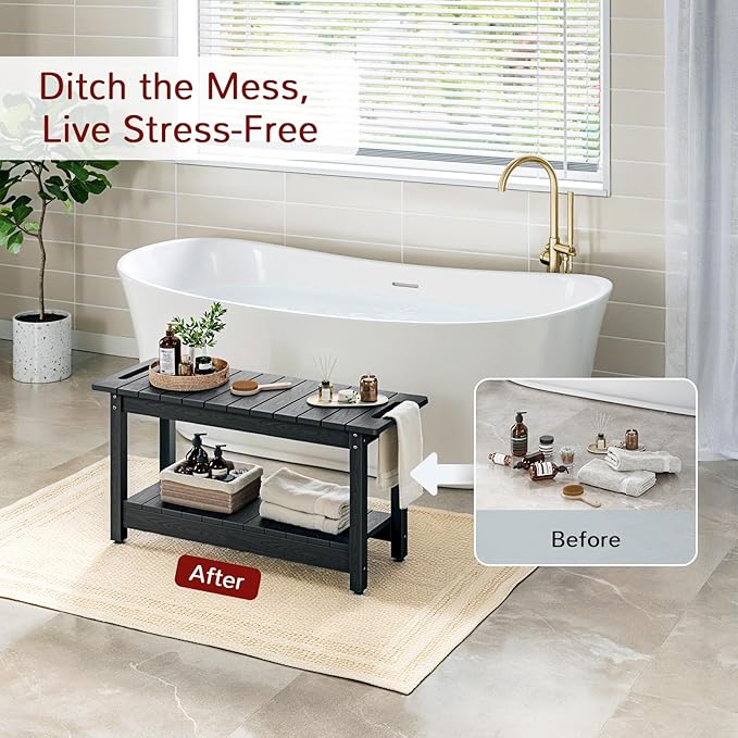 Stoog 35.5" Large Shower Bench, Waterproof Shower Stool with Storage Shelf and Handles, Adjustable and Non-Slip Feet, Shower Chair for Inside Shower, Black